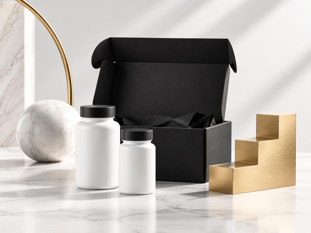 Supplement bottles, a shipping box and gold growth steps