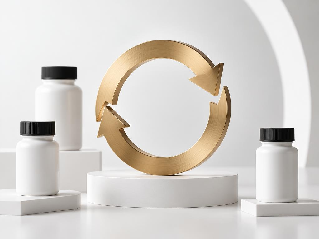 A gold recurring-growth loop beside medicine bottles