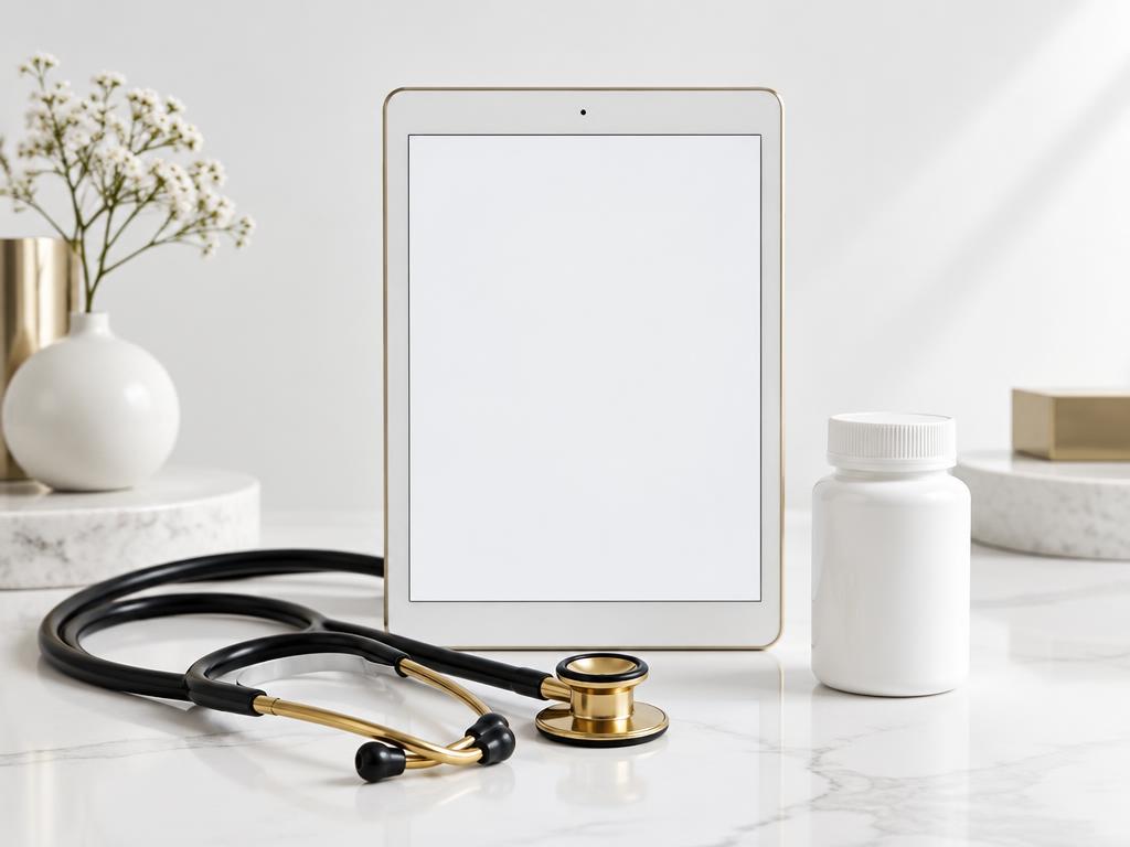A tablet, stethoscope and medicine bottle